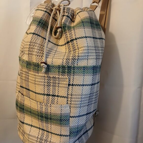 New Plaid Retro Tote Double handle Bucket Backpack Tote Bag Ivory Green School - Picture 4 of 11
